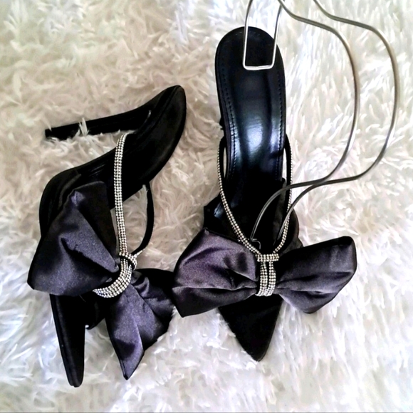 Black Satin Stiletto Sandal Tatum Bow Rhinestone Wedding Holiday 4" Heels - Picture 1 of 4